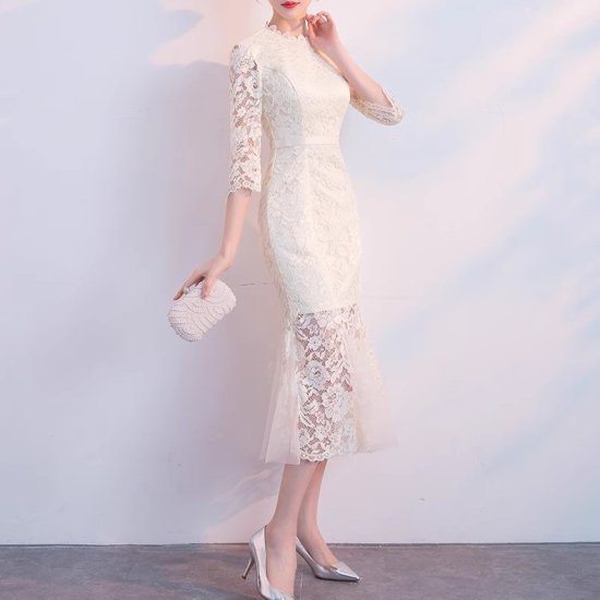 【取寄】結婚式ドレス レディース レースワンピース マーメイド ハイネック ノーカラー フィッシュテール 総レース ミモレ丈 タイト 演奏会 発表会 披露宴 謝恩会 パーティードレス エレガント 華やか