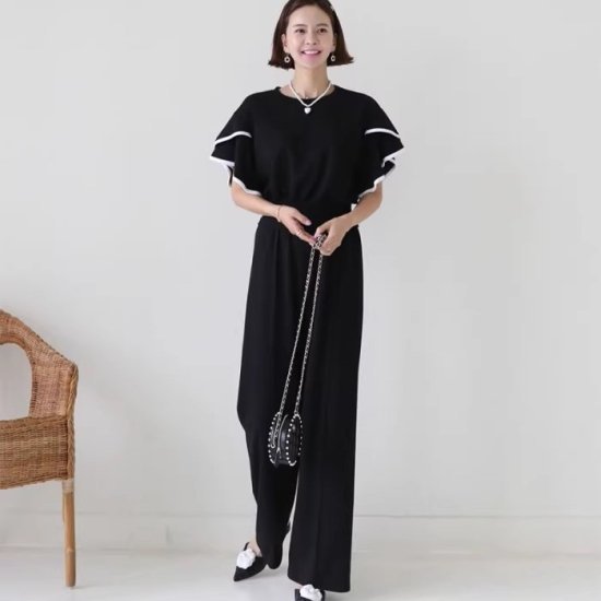 【取寄】セットアップ レディース パンツスーツ ワイドパンツ ウエストゴム センタープレス フリルスリーブTシャツ ラッフルフリル バイカラー 上下セット おしゃれ きれいめ カジュアル オフィスコーデ