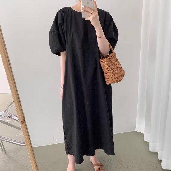 Rakuten - 【取寄】ワンピース レディース パフスリーブ ボリュームスリーブ ミディアム丈 ミモレ丈 ロング丈 半袖ワンピース ゆったり 体型カバー ナチュラル カジュアル かわいい リゾート バカンス 休日 夏