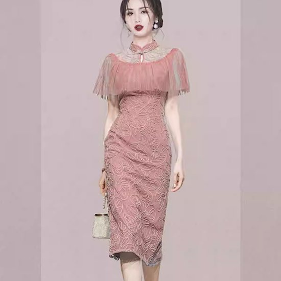 【取寄】結婚式ドレス 刺繍 レトロ メッシュ タイト ひざ丈 レース 半袖 発表会 演奏会 レディース 結婚式 ステージ衣装 エレガント ウエディングドレス カラードレス イブニングドレス