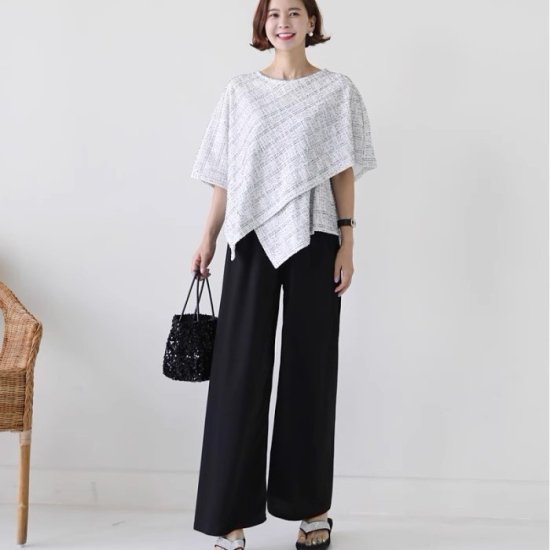 【取寄】セットアップ レディース パンツセット ワイドパンツ ウエストゴム バイカラー ケープ 半袖トップス ワイドスリーブ ノーカラー コットンブレンド 上下セット きれいめ オフィス 体型カバー