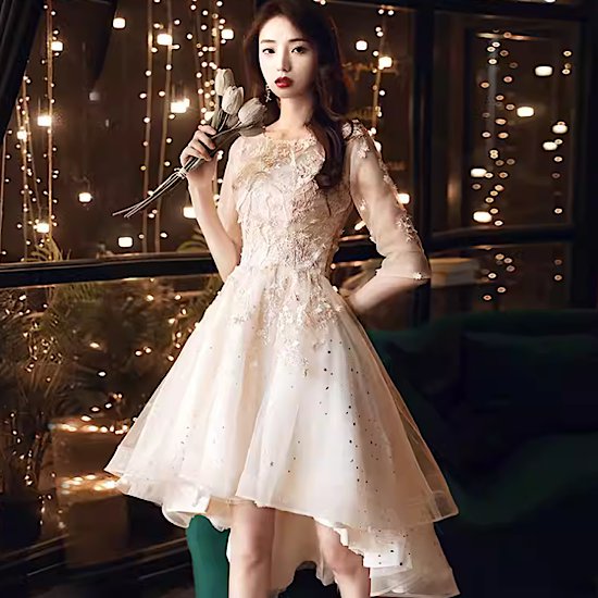 【取寄】結婚式ドレス フィッシュテールスカート レース 五分袖 ハイウエスト 発表会 演奏会 レディース 結婚式 ステージ衣装 エレガント ウエディングドレス カラードレス イブニングドレス