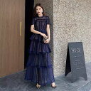 【取寄】結婚式ドレス レース ティアードスカート ロング丈 半袖 フレンチ レトロ 発表会 演奏会 レディース 結婚式 ステージ衣装 エレガント ウエディングドレス カラードレス イブニングドレス