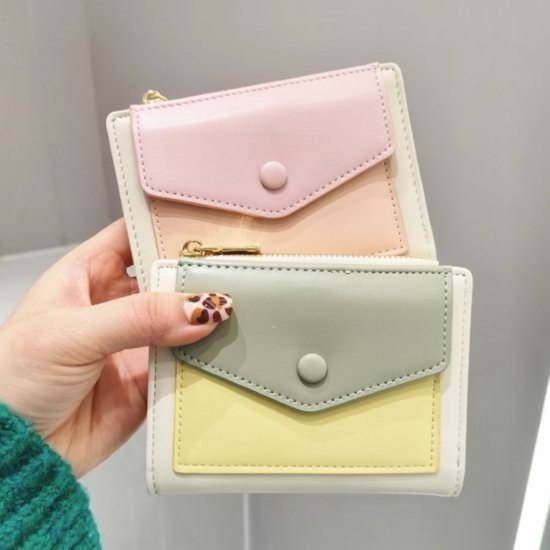 Rakuten - 【取寄】折りたたみ財布 レディース 財布 二つ折り財布 カードケース カード収納 カード入れ 小銭入れ コイン収納 コインパース コンパクトウォレット パステルカラー 配色デザイン ジッパーポケット 女性