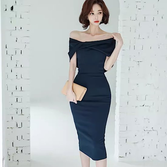 【取寄】結婚式ドレス オフショルダー セクシー タイト 無地 シンプル ミモレ丈 発表会 演奏会 レディース 結婚式 ステージ衣装 エレガント ウエディングドレス カラードレス イブニングドレス