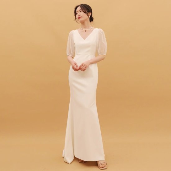 【取寄】演奏会ドレス レディース ウェディングドレス Vネック パフスリーブ シアースリーブ 透け感 シースルー スリム マーメイド ロング丈 マキシ 結婚式 二次会 発表会 パーティードレス エレガント