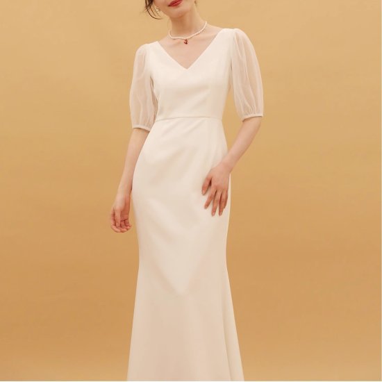 【取寄】演奏会ドレス レディース ウェディングドレス Vネック パフスリーブ シアースリーブ 透け感 シースルー スリム マーメイド ロング丈 マキシ 結婚式 二次会 発表会 パーティードレス エレガント