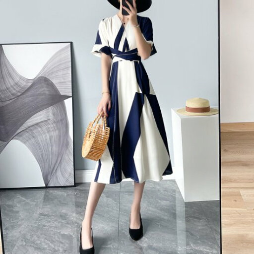 【取寄】シフォンワンピース レディース ワンピース ミドル丈ワンピース 半袖ワンピース コントラストカラー プリント Vネック ハイウエスト Aラインスカート カジュアル お出かけ おしゃれ きれいめ 女性 【取寄】シフォンワンピース レディース ワンピース ミドル丈ワンピース 半袖ワンピース コントラストカラー プリント Vネック ハイウエスト Aラインスカート カジュアル お出かけ おしゃれ きれいめ 女性