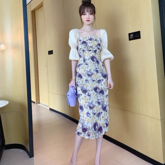 乐天商城 - 【取寄】結婚式ドレス レディース 花柄 タイトワンピース ボリューム袖 パフスリーブ バルーンスリーブ 五分袖 半袖 スクエアネック ミモレ丈 二次会 披露宴 パーティードレス お呼ばれ 華やか エレガント