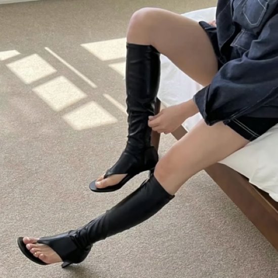 【取寄】ロングブーツ レディース ブーツ 靴 シューズ サマーブーツ トング シンプル 無地 ヒール 黒 ..