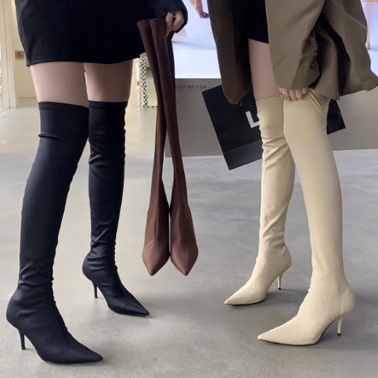 膝上靴 - 【取寄】ニーハイブーツ レディース ブーツ 靴 シューズ ロングブーツ 膝上 ポインテッドトゥ ヒール ピンヒール シンプル 無地 美脚 脚長 きれいめ エレガント カジュアル お出かけ ファッションブーツ