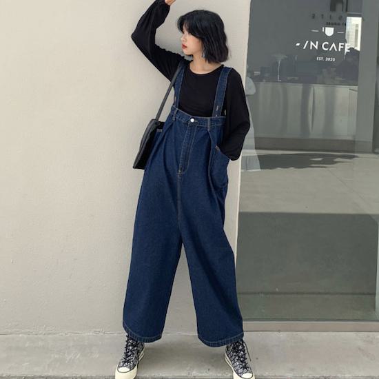【取寄】サロペット オーバーオール デニム ハイウエスト レディース 大人 大きいサイズ 春 夏 半袖 カジュアル おしゃれ かわいい 個性的 ワイド パンツ ウエストゴム ロング ジーンズ Gパン 太め 肩紐 楽ちん ゆったり シンプル 無地 体型カバー サロペ 韓国 ブルー M〜2XL