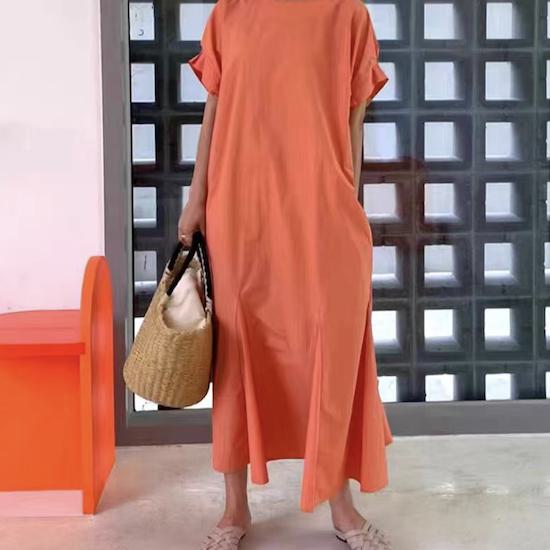 【取寄】ワンピース ロングワンピース マキシ丈ワンピース ゆったりサイズ 体形カバー レディース 夏服 新作 半袖 ロング マキシ丈 ドレス Aライン 着回し コットン シンプル 上品 大人可愛い 楽ちん お出かけ 買い物 オレンジ ライトパープル グリーン ブラック ワンサイズ