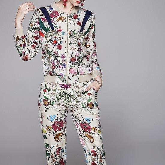 【取寄】セットアップ ジャケット パンツ 大きいサイズ ゆったりサイズ 体形カバー レディース 春秋服 新作 花柄 長袖 7分丈パンツ カジュアル 上下セット スポーツ 美シルエット おしゃれ 大人可愛い スマート ポリエステル 個性的 レトロ ダンス オルチャン M L XL 2XL