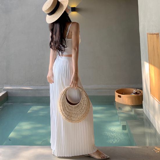 【取寄】セットアップ プリーツ ワイドパンツ キャミソール クロス デザイン 2点セット 上下セット レディース 春 夏 20代 30代 40代 きれいめ カジュアル おしゃれ ノースリーブ パンツ 薄手 楽ちん ゆったり 体型カバー 大人かわいい シンプル 無地 韓国 ホワイト 白 S M L