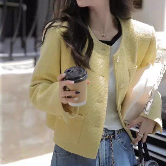 Rakuten - 【取寄】長袖ジャケット レディース アウター ショート丈ジャケット 羽織 ジャケット 長袖 ラウンドネック シンプル 無地 カジュアル お出かけ おしゃれ きれいめ エレガント 黄色 イエロー ファッション
