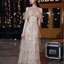 【取寄】結婚式ドレス レディース オフショルダー レース ティアードワンピース 透け感 シースルー シアー 肩出し 演奏会 二次会 披露宴 ステージ衣装 パーティードレス イブニングドレス エレガント