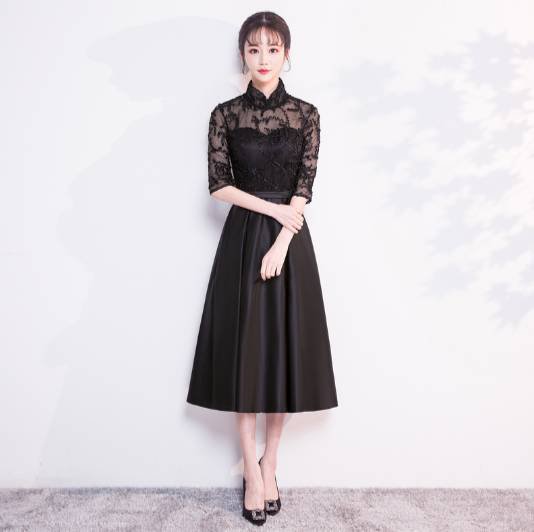 【取寄】Aライン ブラックミモレ丈 イブニングドレス オルチャン プチプラパーティドレス フォーマル 可愛い 結婚式 二次会 お呼ばれ 謝恩会 発表会 演奏会 大きいサイズワンピース キャバ嬢ドレス