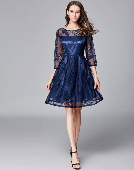 【取寄】オルチャン プチプラパーティードレス ワンピース レース 刺繍 七分袖 ショート丈 ハイウエスト ラウンドネック シースルー セクシー キャバ嬢 発表会 フォーマル 大きいサイズ 可愛い