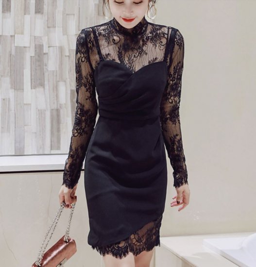 【取寄】オルチャン プチプラパーティードレス セクシー キャバ嬢 発表会 フォーマル 大きいサイズ 可愛い ラウンドネック 長袖 ショート丈スカート