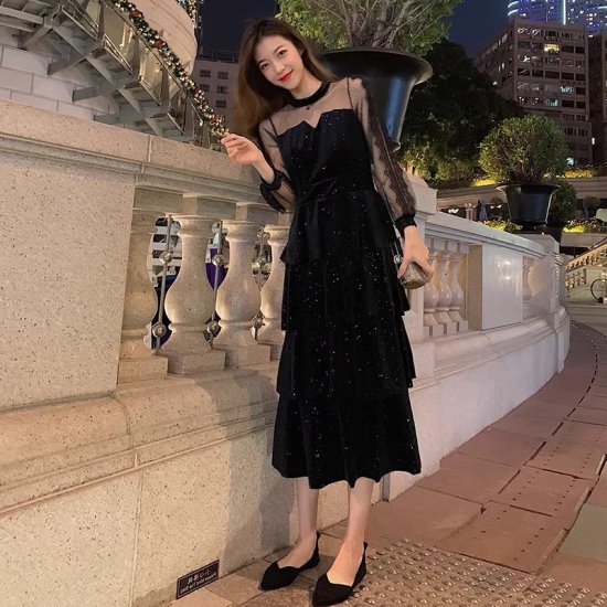 【取寄】結婚式ドレス レディース ティアードワンピース 透け感 シースルー シアー 長袖 スパンコール ビジュー ロング丈 ミモレ丈 演奏会 二次会 披露宴 パーティー イブニングドレス エレガント