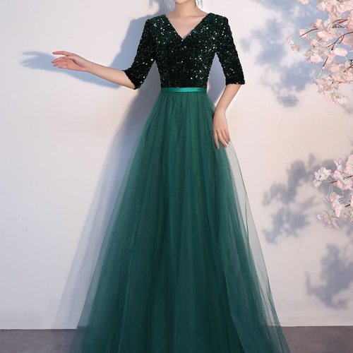 【取寄】演奏会ドレス 発表会 お呼ばれ パーティー 結婚式 二次会 Vカット スパンコール Aライン マキシ丈 エレガント 五分袖 大きいサイズ 演奏会ドレス 発表会 お呼ばれ パーティー 結婚式 二次会