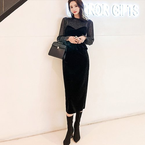 【取寄】パーティードレス 結婚式 二次会 発表会 同窓会 謝恩会 シアー素材 ラメ シースルー ペプラム ..