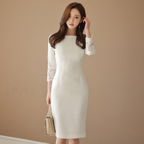 【取寄】パーティードレス 結婚式 二次会 発表会 同窓会 謝恩会 お呼ばれ パーティー 膝丈 ワンピース 黒 ボートネック レース タイト エレガント 七分袖 大きいサイズ パーティードレス 結婚式 二次会