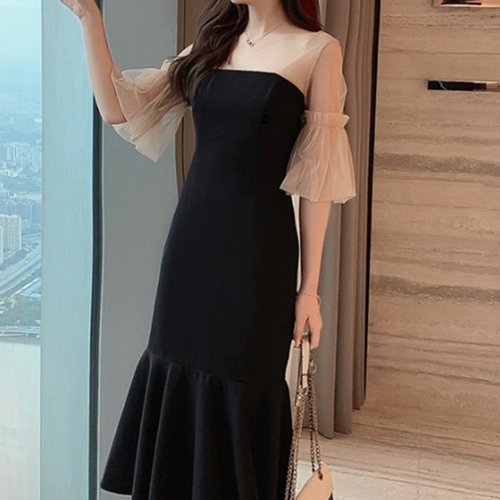 【取寄】パーティードレス 結婚式 二次会 同窓会 演奏会 お呼ばれ ミモレ丈 フリル マーメイド 異素材 シースルー エレガント パーティードレス 結婚式 二次会 同窓会 演奏会 お呼ばれ ミモレ丈 フリル