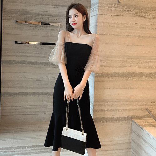 【取寄】パーティードレス 結婚式 二次会 同窓会 演奏会 お呼ばれ ミモレ丈 フリル マーメイド 異素材 シースルー エレガント パーティードレス 結婚式 二次会 同窓会 演奏会 お呼ばれ ミモレ丈 フリル