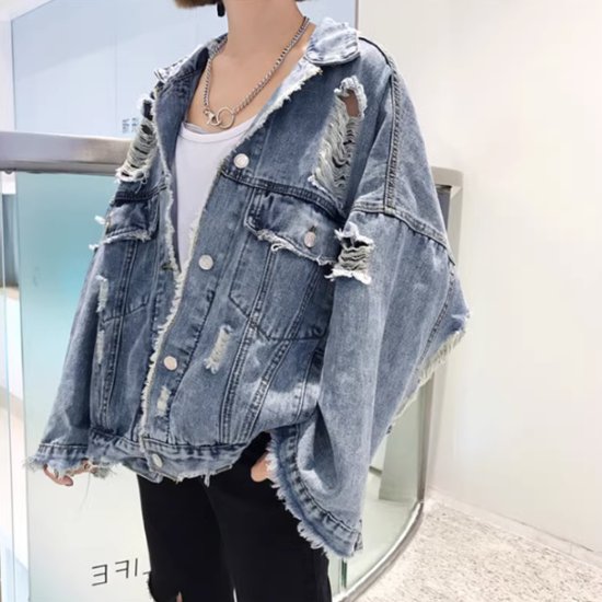 乐天商城 - 【取寄】デニムジャケット レディース アウター 羽織 ジャケット デニム Gジャン ダメージ加工 コットン 長袖ジャケット カジュアル お出かけ おしゃれ ゆったり ルーズシルエット フロントボタン 襟あり