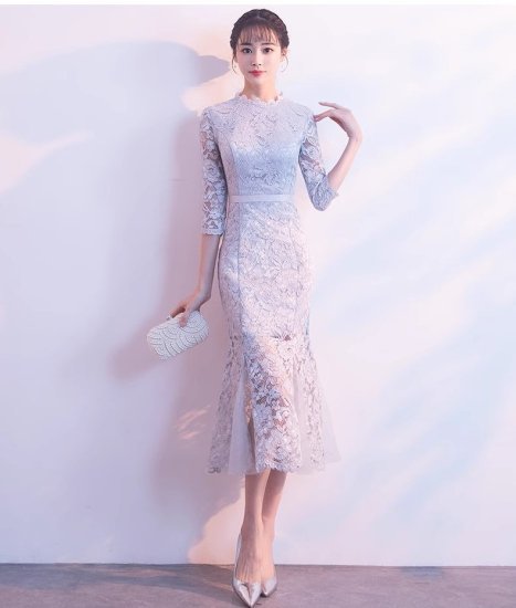 【取寄】結婚式ドレス レディース マーメイド レースワンピース 刺繍 レース 七分袖 ノーカラー 総レース ミモレ丈 スリム タイト 演奏会 二次会 披露宴 謝恩会 パーティー イブニングドレス エレガント