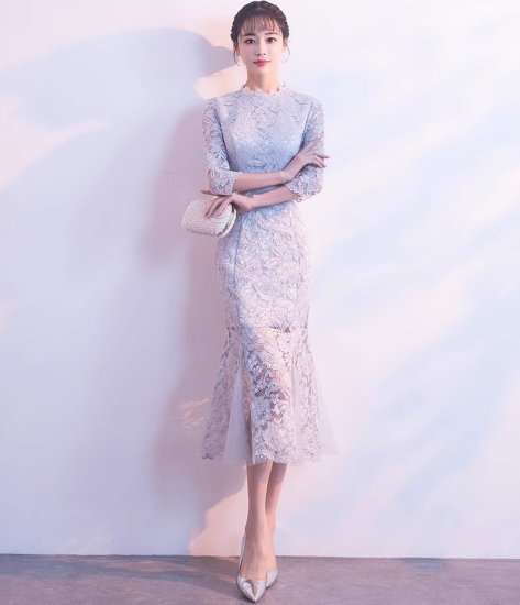 【取寄】結婚式ドレス レディース マーメイド レースワンピース 刺繍 レース 七分袖 ノーカラー 総レース ミモレ丈 スリム タイト 演奏会 二次会 披露宴 謝恩会 パーティー イブニングドレス エレガント