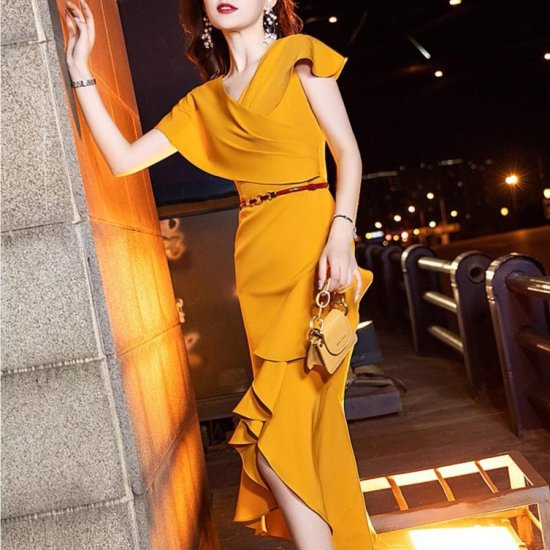 【取寄】結婚式ドレス レディース Vネック フリル アシンメトリー フィッシュテール マーメイド ノースリーブ ワンピース ベルト 演奏会 二次会 披露宴 謝恩会 パーティー イブニングドレス エレガント