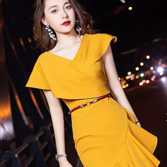 【取寄】結婚式ドレス レディース Vネック フリル アシンメトリー フィッシュテール マーメイド ノースリーブ ワンピース ベルト 演奏会 二次会 披露宴 謝恩会 パーティー イブニングドレス エレガント