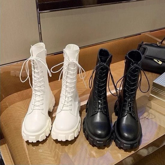 Thick Sole - 【取寄】ハーフブーツ レディース レースアップ 編み上げ 厚底 ブーツ 靴 ショートブーツ サイドファスナー ホワイト ブラック フェイクレザー エコレザー 歩きやすい 5cmヒール おしゃれ カジュアル