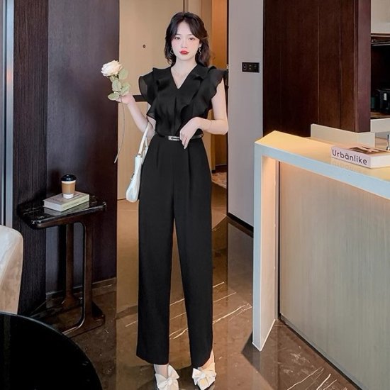 【取寄】パンツドレス レディース オールインワン フリル ノースリーブ フレンチスリーブ ワイドパンツ ハイウエスト ベルト 結婚式 演奏会 二次会 謝恩会 パーティードレス オフィス エレガント おしゃれ