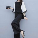 【取寄】パンツドレス レディース セットアップ パンツスーツ 上下セット バイカラー ラウンドネック ワイドパンツ クロップドパンツ 結婚式 演奏会 二次会 披露宴 パーティードレス エレガント おしゃれ