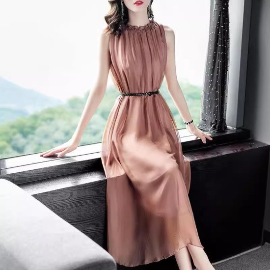 乐天商城 - 【取寄】結婚式ドレス レディース ノースリーブワンピース ラウンドネック フリルネック シフォン Aライン ミモレ丈 ロング丈 演奏会 二次会 披露宴 謝恩会 パーティードレス エレガント 上品 おしゃれ