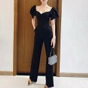 【取寄】パンツドレス レディース パフスリーブ オールインワン ジャンプスーツ ワイドパンツ ロング丈 ハートネック ハイウエスト 結婚式 演奏会 披露宴 二次会 パーティードレス エレガント おしゃれ