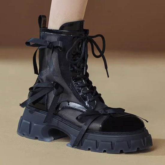 Thick Sole - 【取寄】レースアップブーツ レディース ブーツ 靴 シューズ ショートブーツ 厚底ブーツ シースルー メッシュ リボン カジュアル お出かけ おしゃれ 黒 ブラック サイドジッパー 履きやすい 歩きやすい