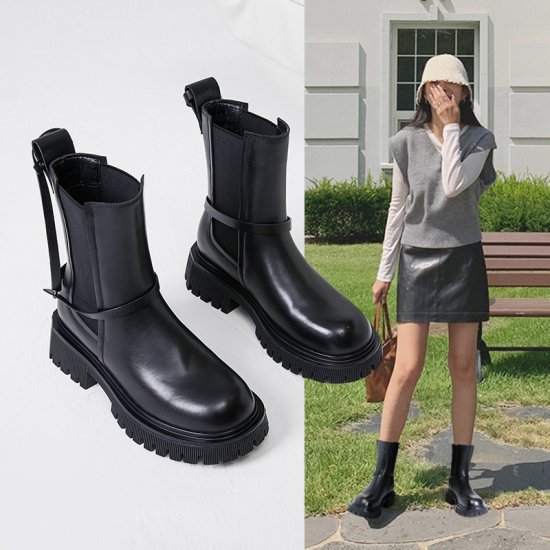 Thick Sole - 【取寄】ショートブーツ 厚底 大きいサイズ レディース ショート丈 ブーティ 履き口 ゆったり 無地 シンプル 歩きやすい カジュアル 通勤 デート 女子会 休日 お出かけ 10代 20代 30代 40代 冬