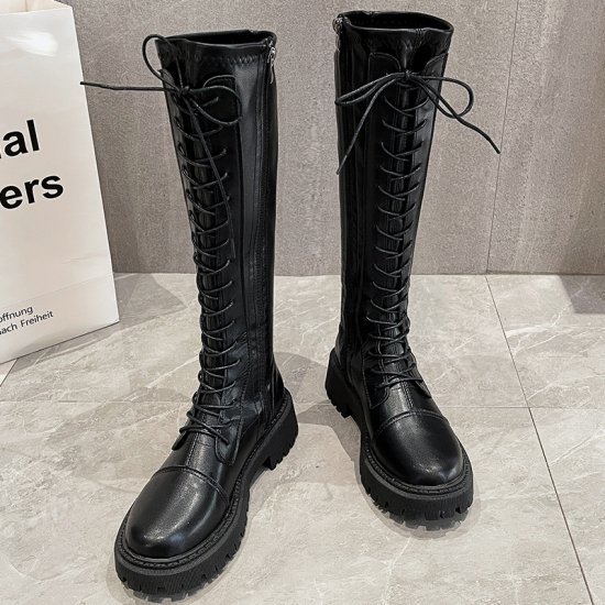 【取寄】ロングブーツ 厚底 大きいサイズ レディース 太ヒール ロング丈 レースアップブーツ 編み上げブーツ ファスナー 無地 シンプル 通勤 デート 女子会 お出かけ 10代 20代 30代 40代 秋冬