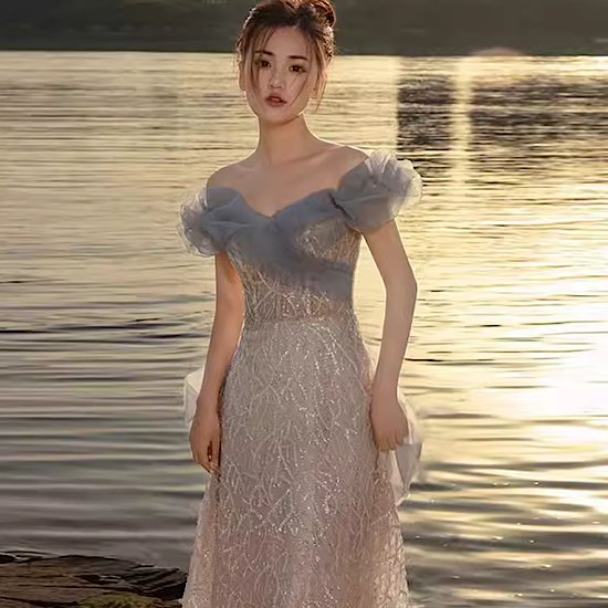 【取寄】結婚式ドレス オフショルダー ロング丈 レース セクシー 発表会 演奏会 レディース 結婚式 ステージ衣装 エレガント ウエディングドレス カラードレス イブニングドレス 煌びやか 華麗