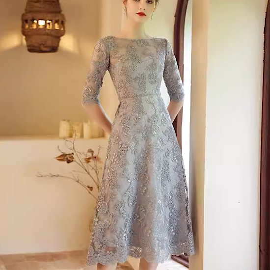 【取寄】結婚式ドレス ラウンドネック 五分袖 ミモレ丈 ハイウエスト 発表会 演奏会 レディース 結婚式 ステージ衣装 エレガント ウエディングドレス カラードレス イブニングドレス レース 刺繍