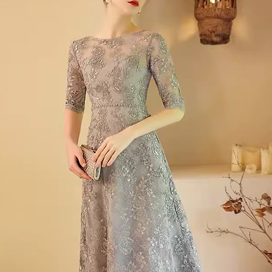 【取寄】結婚式ドレス ラウンドネック 五分袖 ミモレ丈 ハイウエスト 発表会 演奏会 レディース 結婚式 ステージ衣装 エレガント ウエディングドレス カラードレス イブニングドレス レース 刺繍