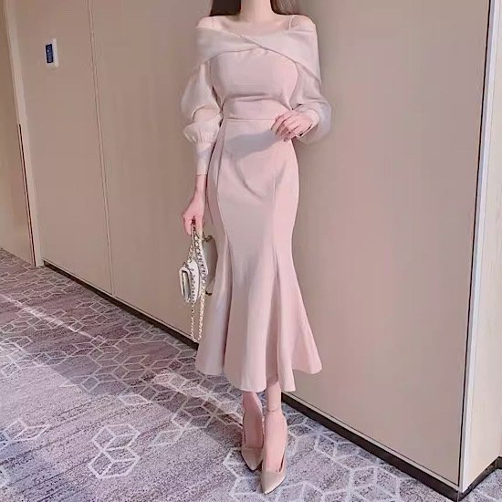 【取寄】結婚式ドレス マーメイド 無地 シンプル 長袖 ミモレ丈 ハイウエスト 発表会 演奏会 レディース 結婚式 ステージ衣装 エレガント ウエディングドレス カラードレス イブニングドレス