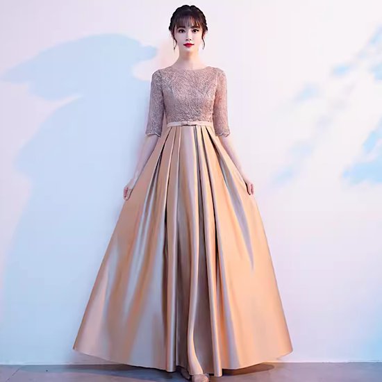 乐天商城 - 【取寄】結婚式ドレス ラウンドネック 五分袖 ウエストマーク ロング丈 ハイウエスト 発表会 演奏会 レディース 結婚式 ステージ衣装 エレガント ウエディングドレス カラードレス イブニングドレス
