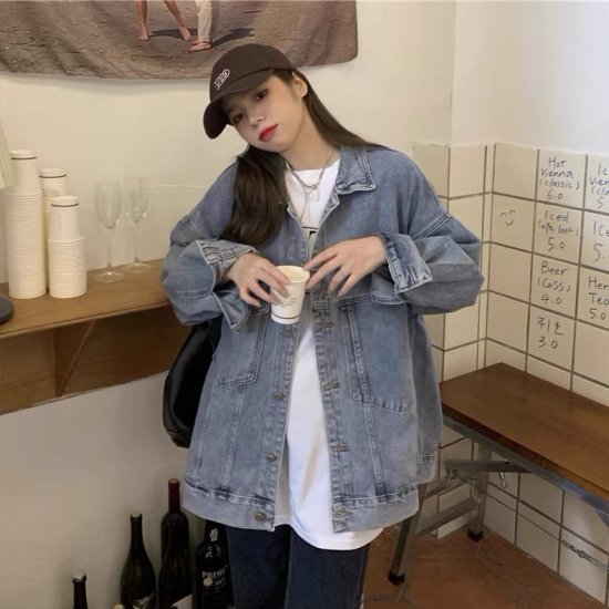 【取寄】デニムジャケット レディース Gジャン オーバーサイズ アシンメトリー シングルブレスト ポロ襟 ゆったり ミディアム丈 ユニセックス カジュアル ストリート デニム ジャケット おしゃれ