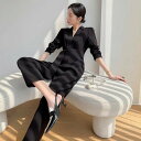 【取寄】パンツドレス レディース オールインワン Vネック パンツスーツ 長袖 クロップドパンツ アンクルパンツ ウエストリボン 無地 黒 エレガント 結婚式 演奏会 二次会 パーティードレス おしゃれ